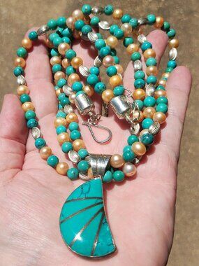 Jay King 3 Strand turquoise pearl necklace turquoise inlay pendant 925 Sterling